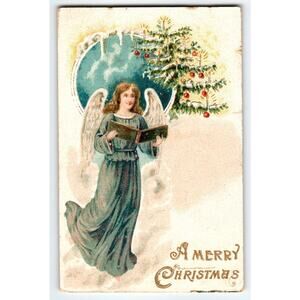 Vintage Christmas Postcard Lovely Angel with Tree & Candles Printed in Germany